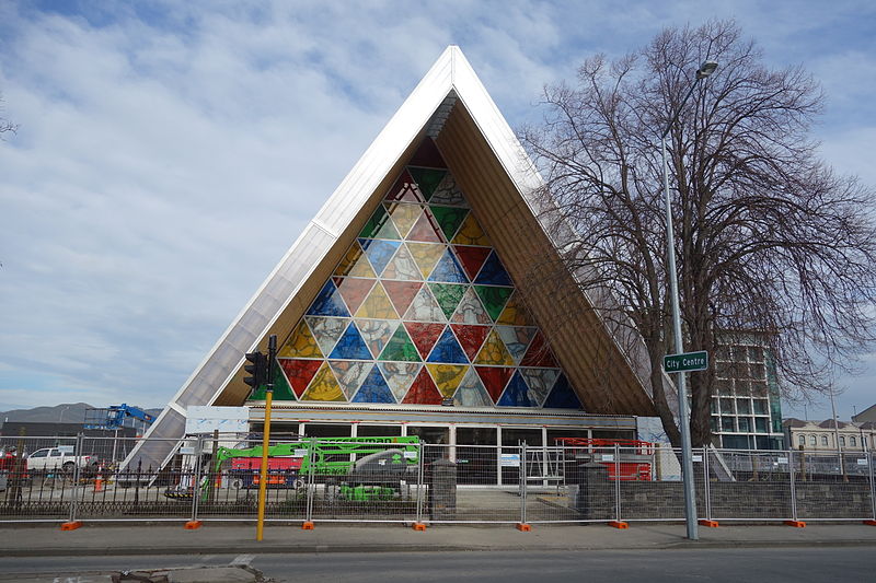 The ChristChurch Cardboard Cathedral in Latimer Square, Christchurch, NZ. Some rights reserved by Schwede66 via Wikimedia.