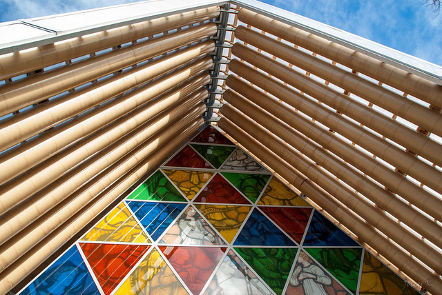 Details of stained glass of ChristChurch Cardboard Cathedral. Some rights reserved by Jocey K via Flickr.