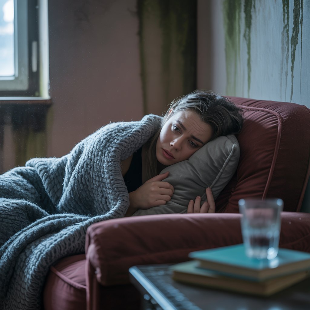 Person lying on a couch exhausted due to mold-related fatigue