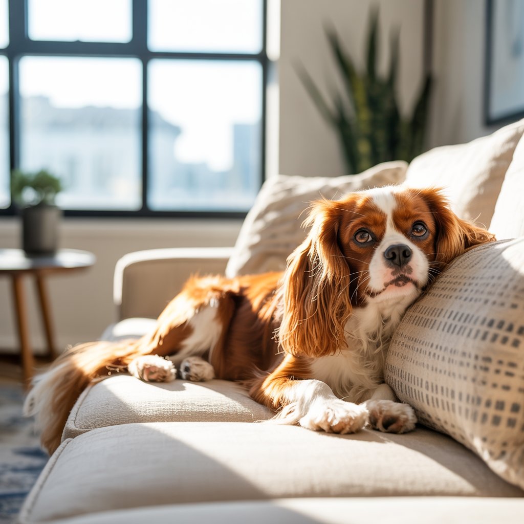 Cavalier King Charles Spaniel lounging on a couch in a USA apartment