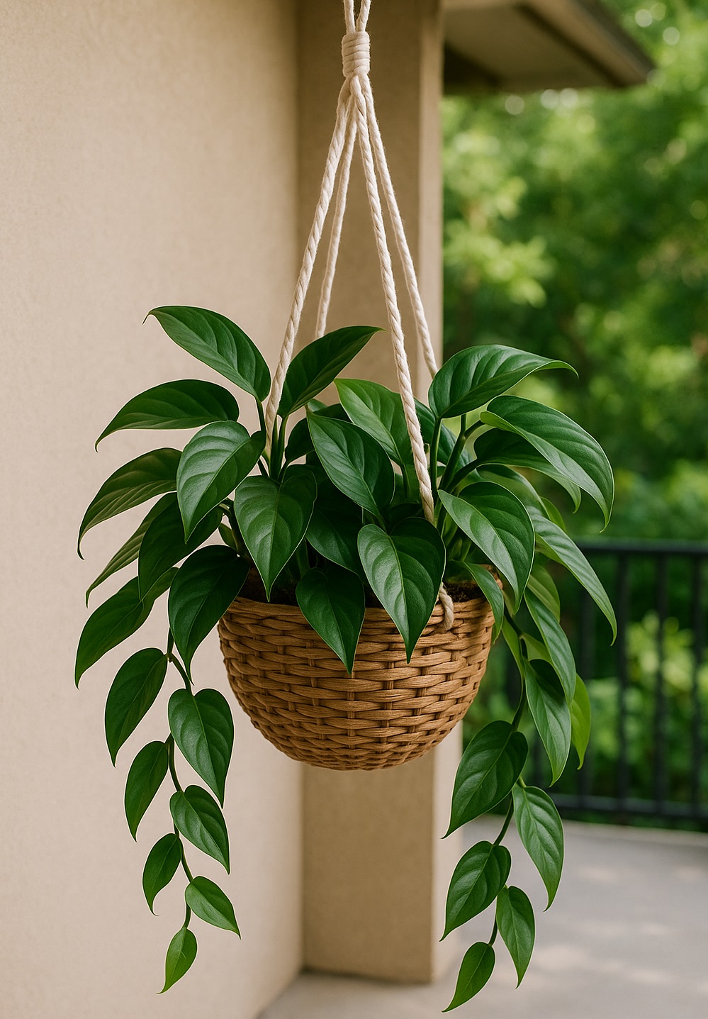 Dragon Tail Plant in hanging basket on patio