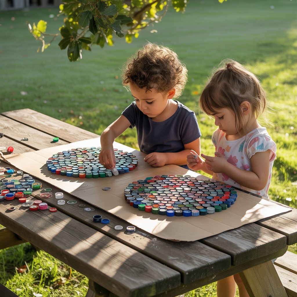 kids playing bottle cap mosaics