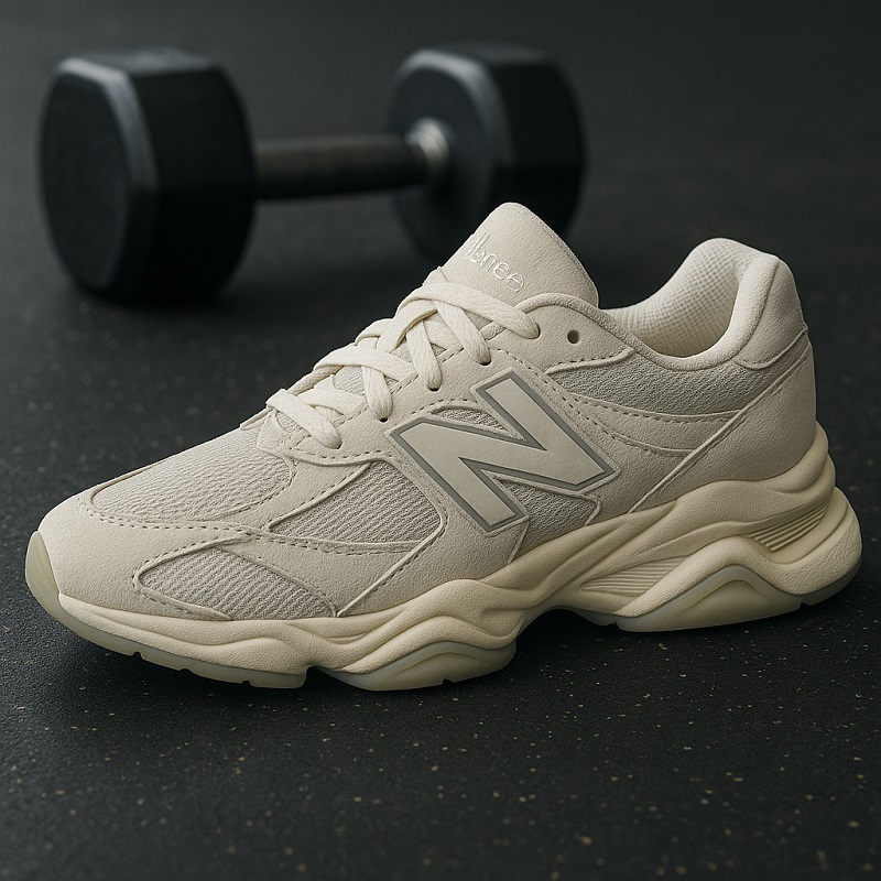 New Balance 9060 Sea Salt in gym setting, showcasing its stability and performance features