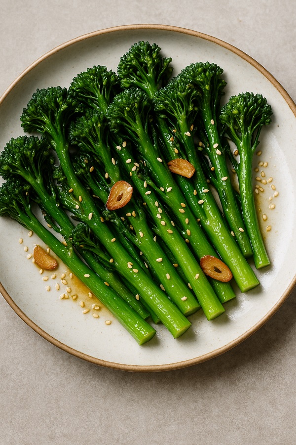 Sautéed broccolini with garlic and sesame served on a ceramic plate