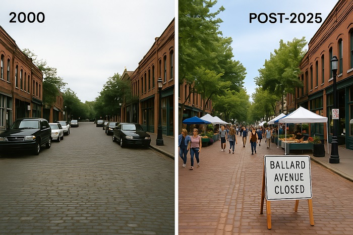 Ballard Farmers Market before and after 2023 pedestrian redesign