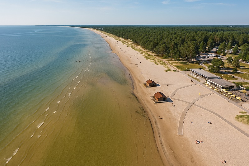 Aerial view of Pärnu Beach in Estonia, showing shallow water and coastal amenities