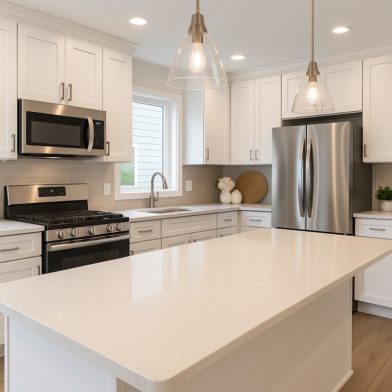 Staged kitchen with quartz countertops and Energy Star appliances for home resale