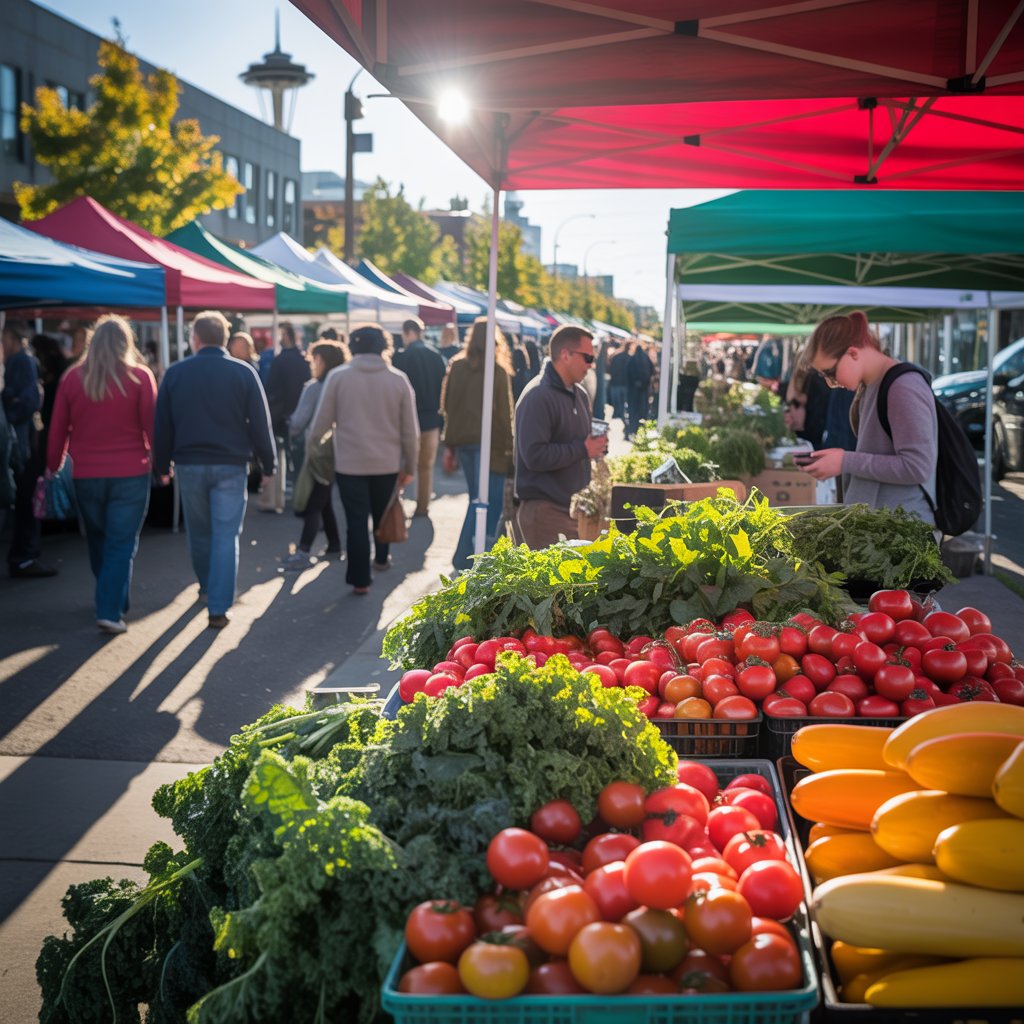 Diversos compradores explorando o Ballard Farmers Market com sacolas reutilizáveis