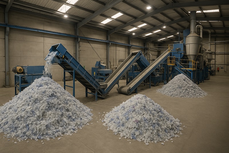 Silicone recycling facility with conveyor belts and shredded silicone piles under industrial lighting