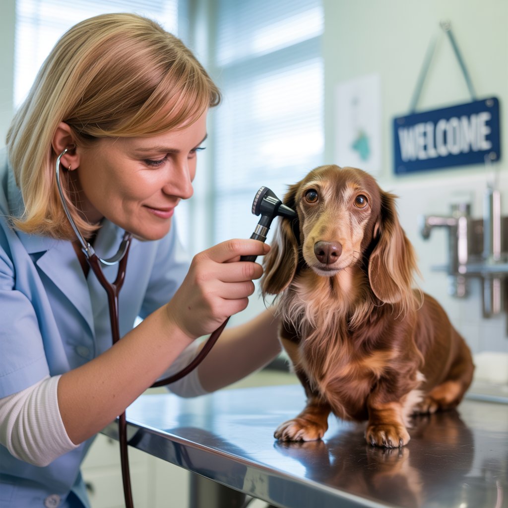 Veterinarian checking a long haired dachshund’s ears during a health exam