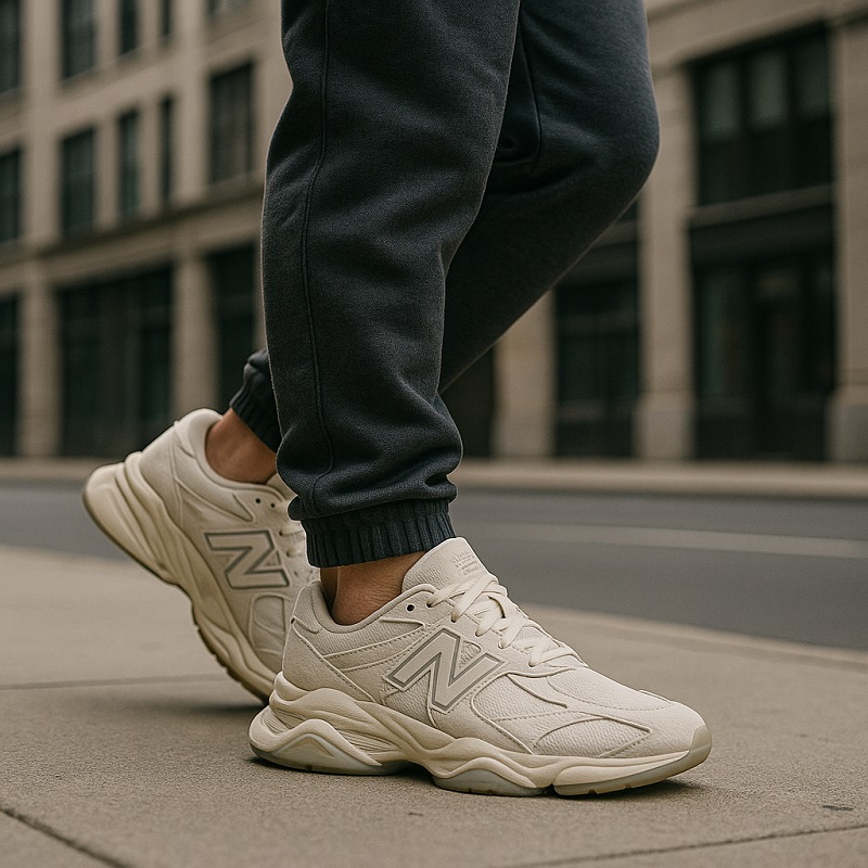 Wearing New Balance 9060 Sea Salt casually in urban streetwear style