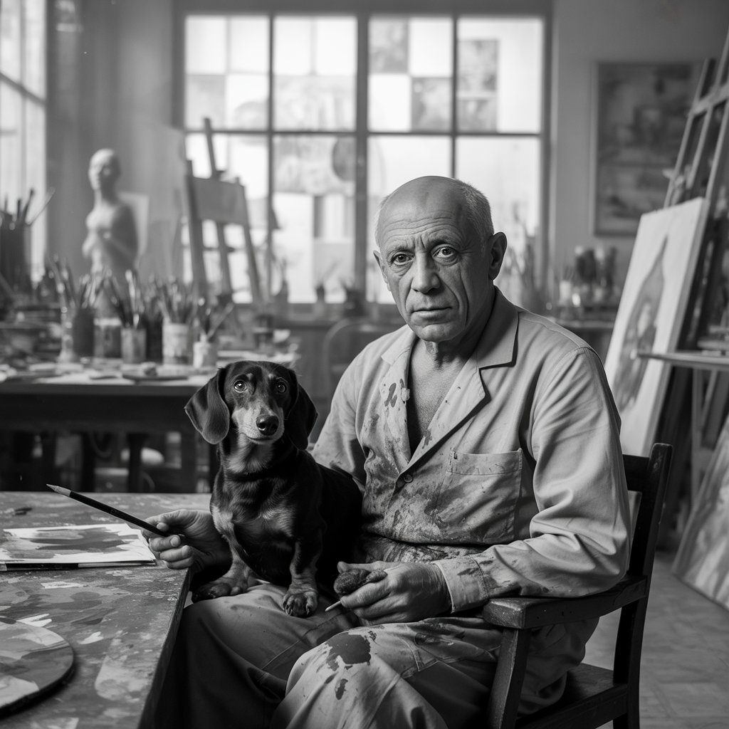Pablo Picasso posing with his dachshund Lump in his art studio