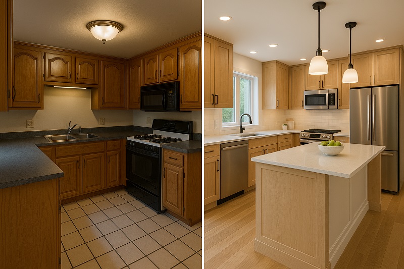 Before and after kitchen remodel transformation with updated lighting and cabinetry