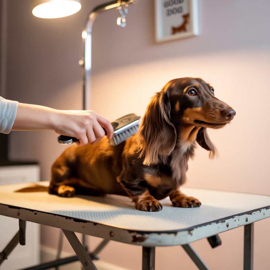 Owner brushing long haired dachshund with a slicker brush on grooming table