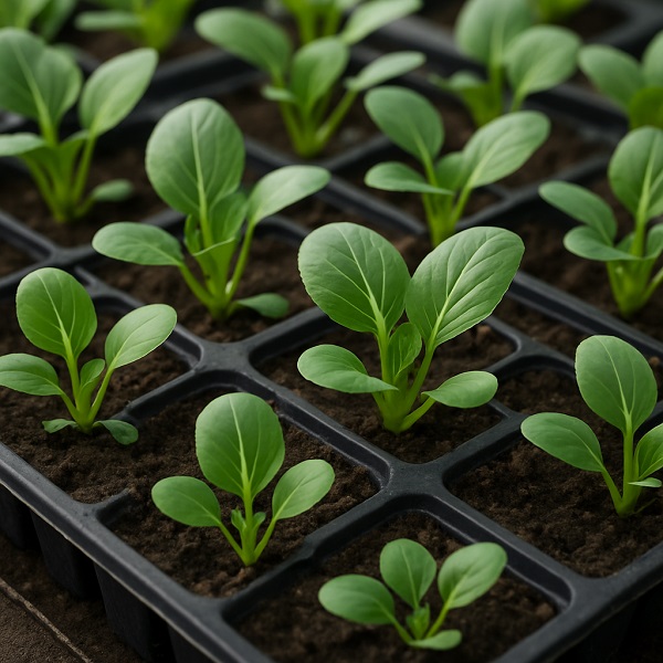 Pak choi seedlings ready for transplanting into containers