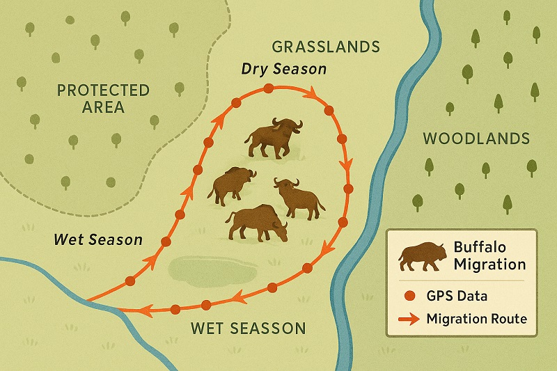 Map showing seasonal migration routes of a group of buffalo across national park territories.