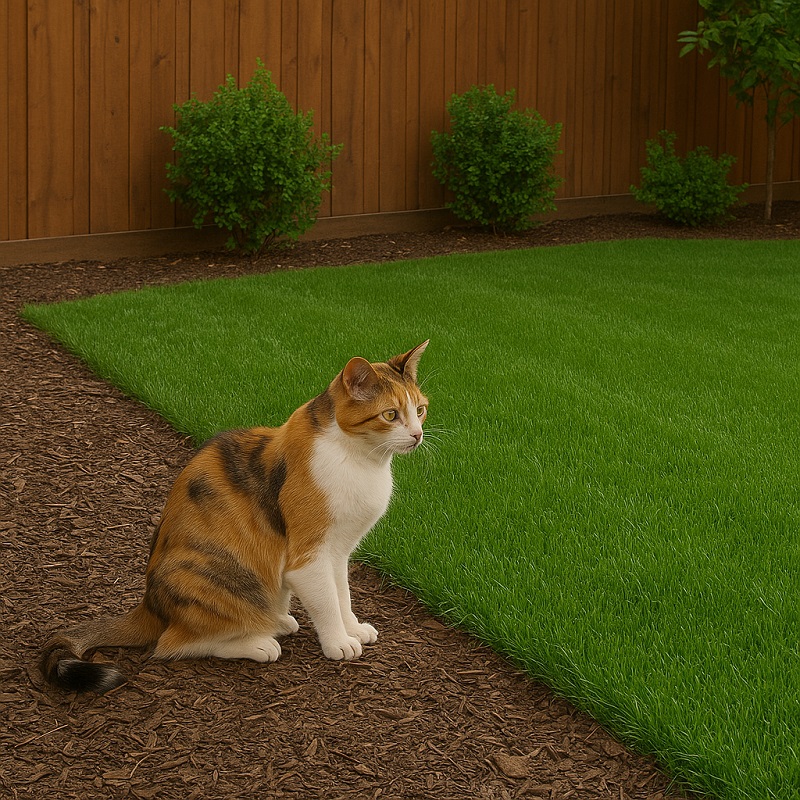 Cat avoiding treated lawn area for safety