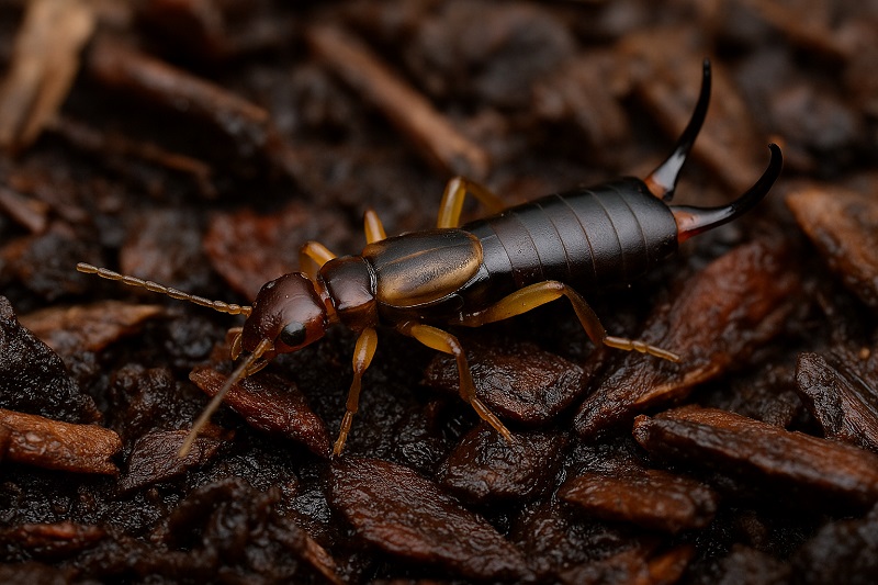 Close-up of an earwig on garden mulch showing forceps and body shape