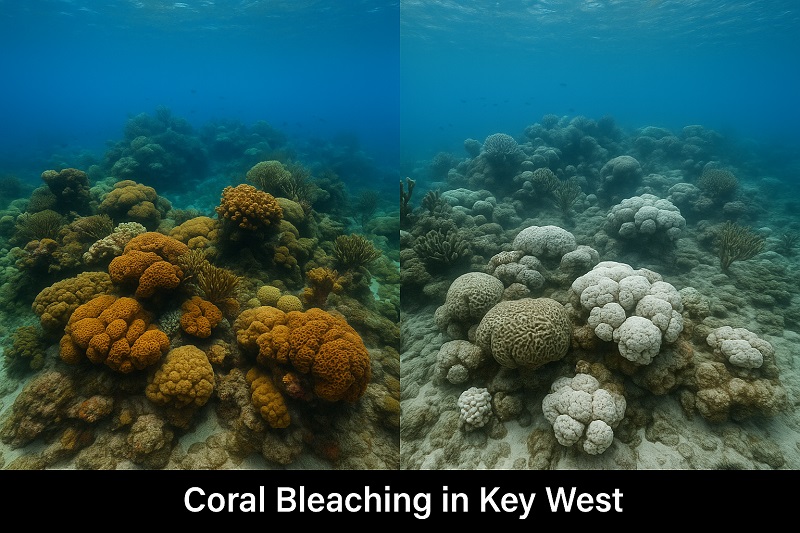 Coral reef in Key West showing healthy colonies beside bleached, dying corals due to ocean heat stress