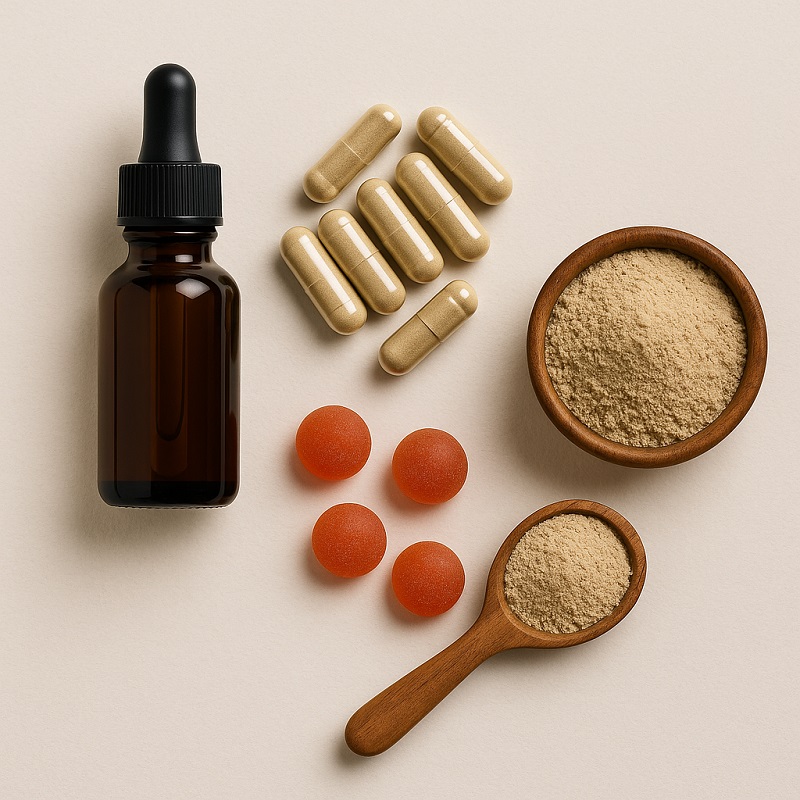 Modern ashwagandha supplement forms including capsules, powders, and gummies.