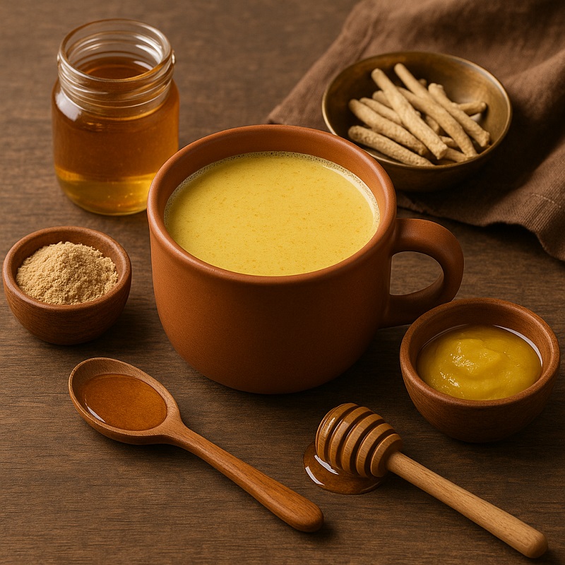 Traditional Ayurvedic ashwagandha milk with ghee and honey for balanced skin health.