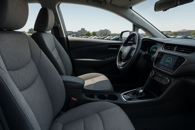 Eco-friendly car interior with recycled seat materials and energy-efficient LED dashboard