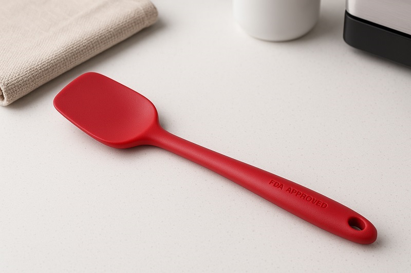 FDA approved red silicone spatula resting on a white kitchen counter with beige towel