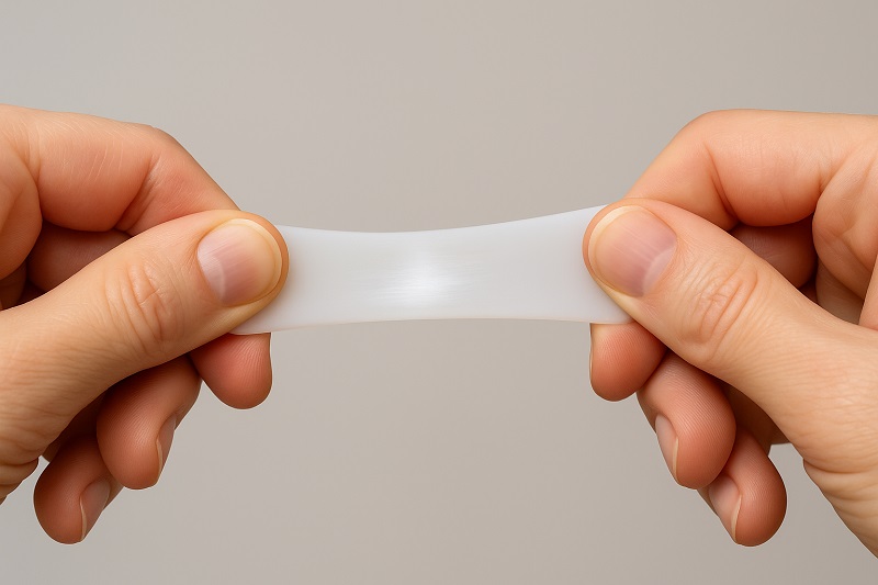 Close-up of hands stretching a silicone strip showing white stress mark in center
