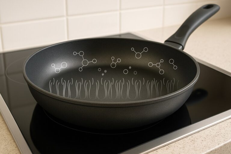Illustration of a next-generation non-stick pan with nanoscale fletching surface design.