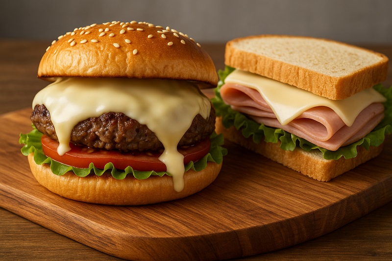 White American cheese melting in a cheeseburger and deli sandwich