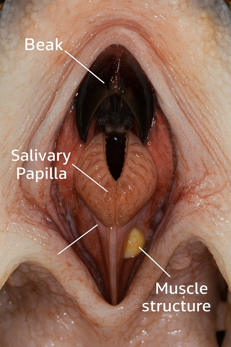 Labeled diagram showing parts of an octopus’s mouth including beak and radula