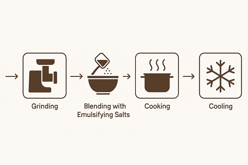 Step-by-step diagram showing how white American cheese is made: grinding natural cheese, blending with emulsifying salts, cooking into a uniform mixture, and cooling into sliceable form.