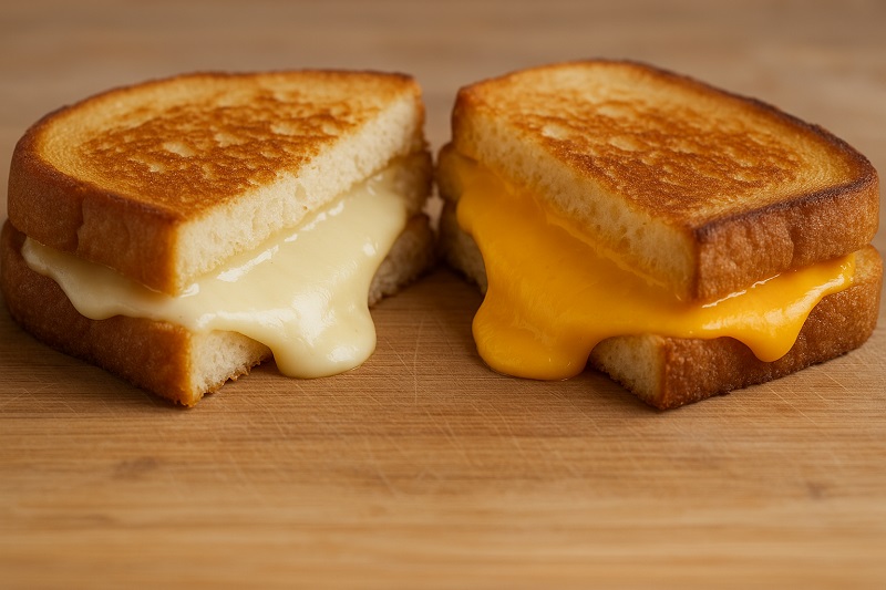 Grilled cheese sandwiches made with white and yellow American cheese showing side-by-side melt quality