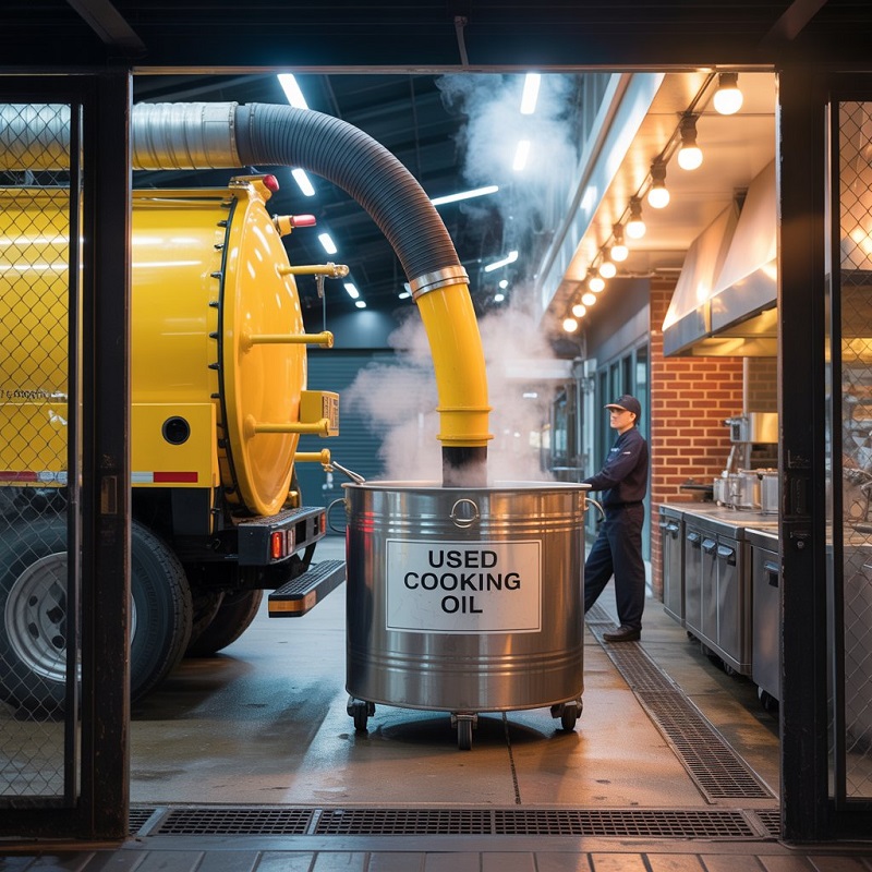 Licensed grease hauler collecting used oil from commercial kitchen