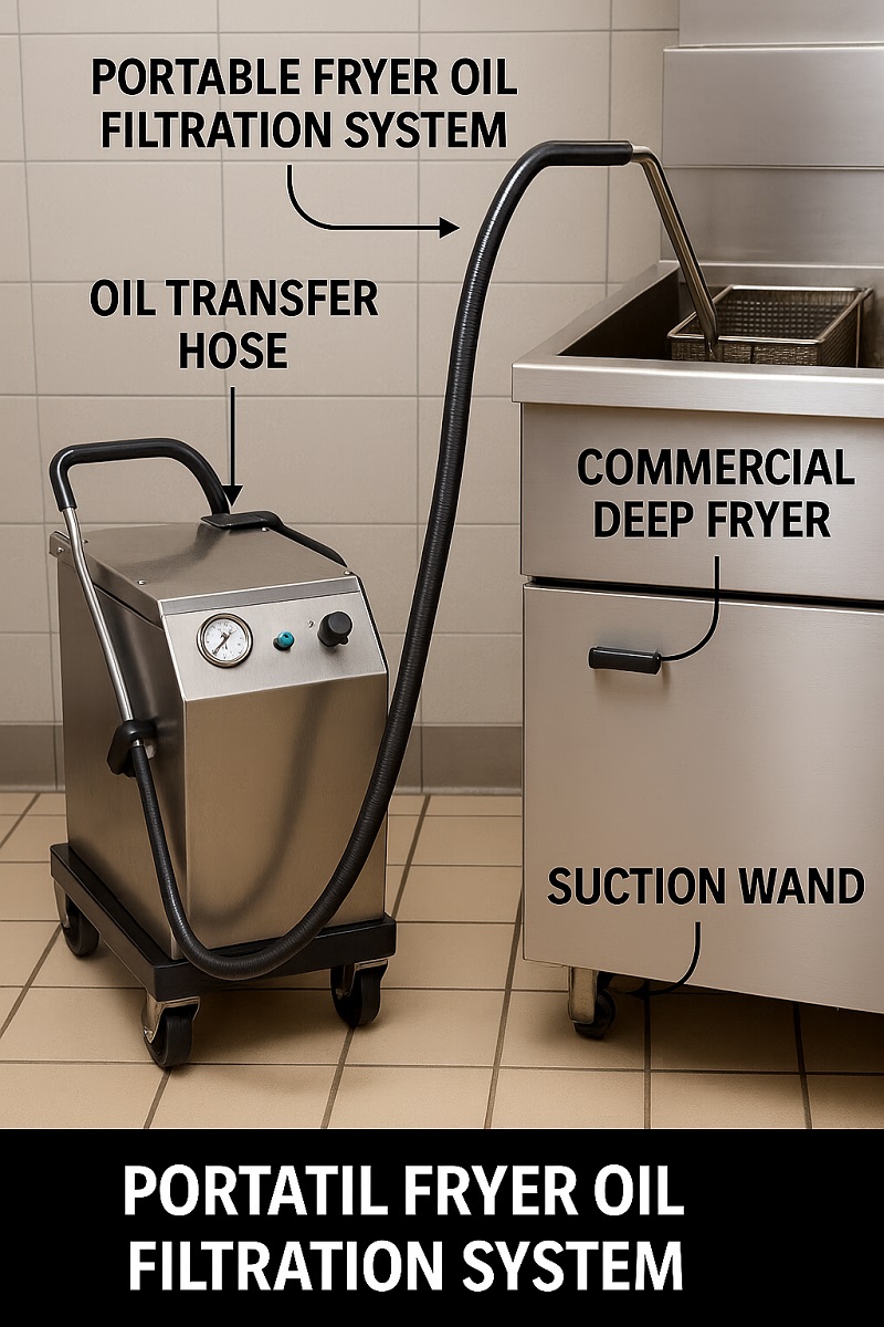 Oil filtration system used in restaurant to extend cooking oil life