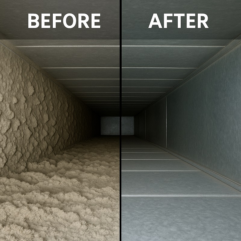 Before and after photo of HVAC ductwork showing dust removal results