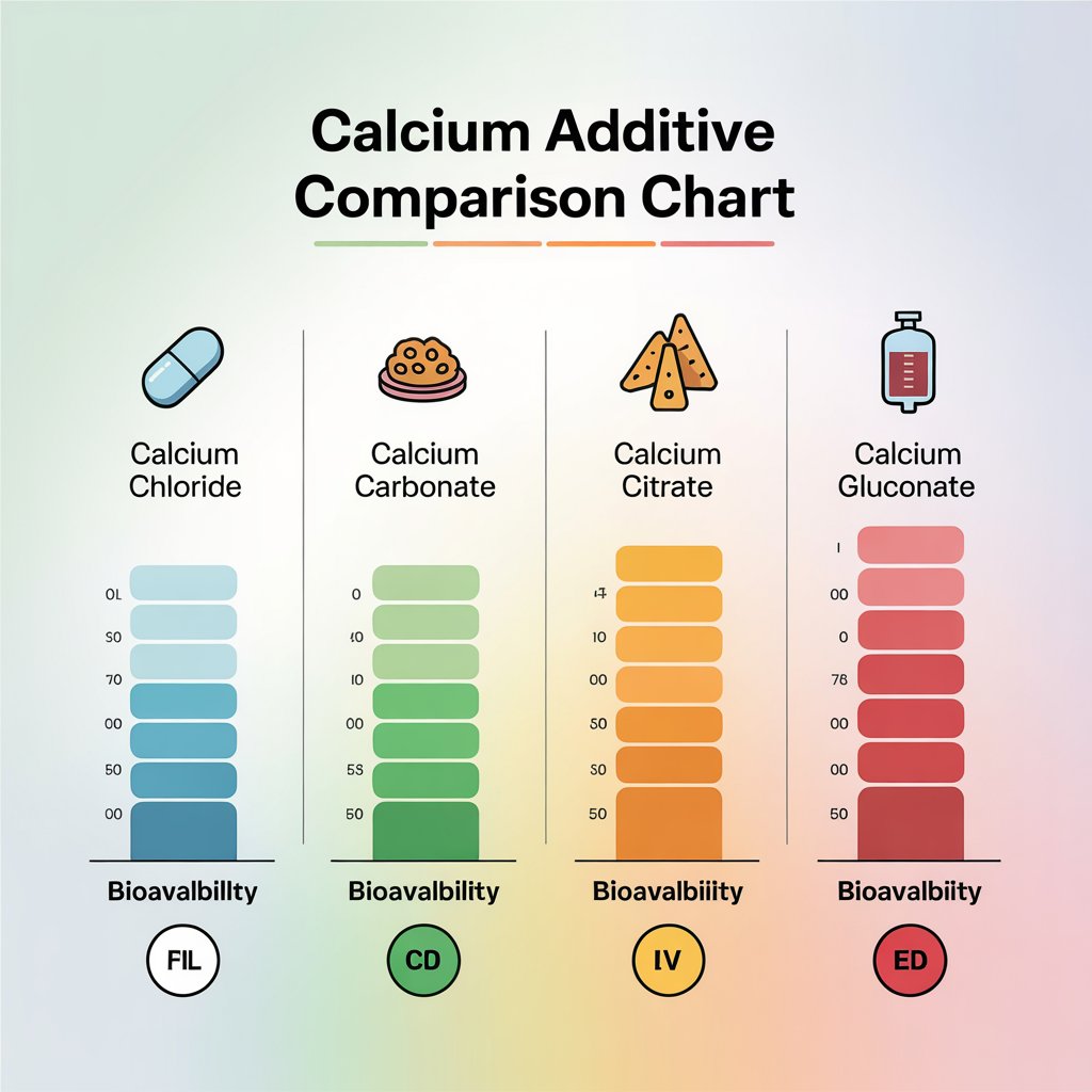 Infographic comparing four calcium additives by usage, absorption, and safety.