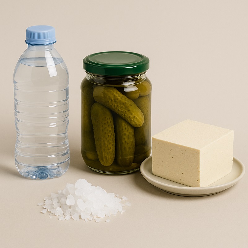 Common sources of calcium chloride including bottled water, pickled vegetables, tofu, and de-icing salt.