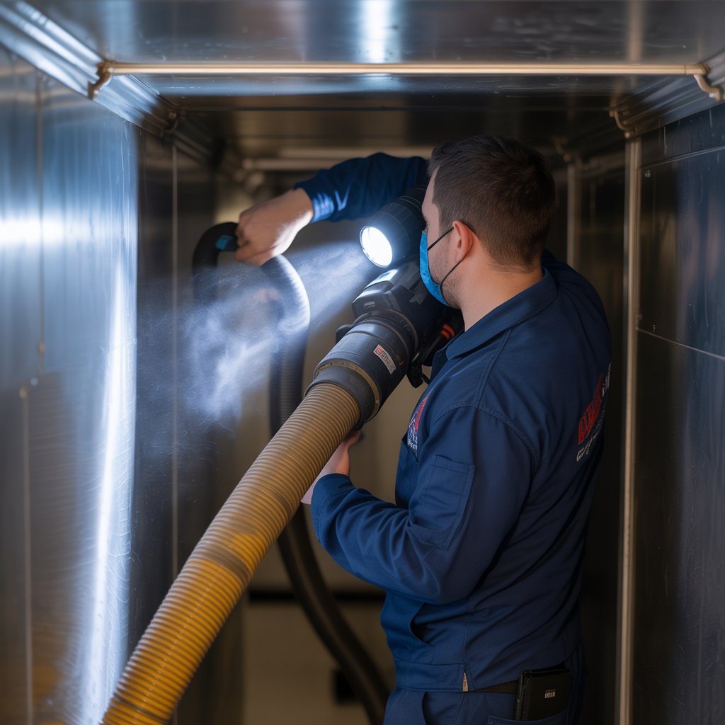 HVAC technician cleaning residential air ducts with professional equipment