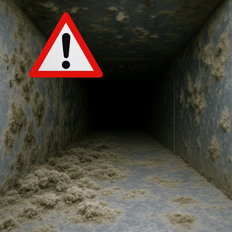 Mold and dust buildup inside residential air duct indicating need for cleaning