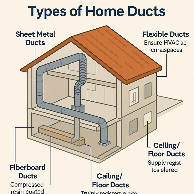 Infographic of different residential air duct types including sheet metal and flex ducts