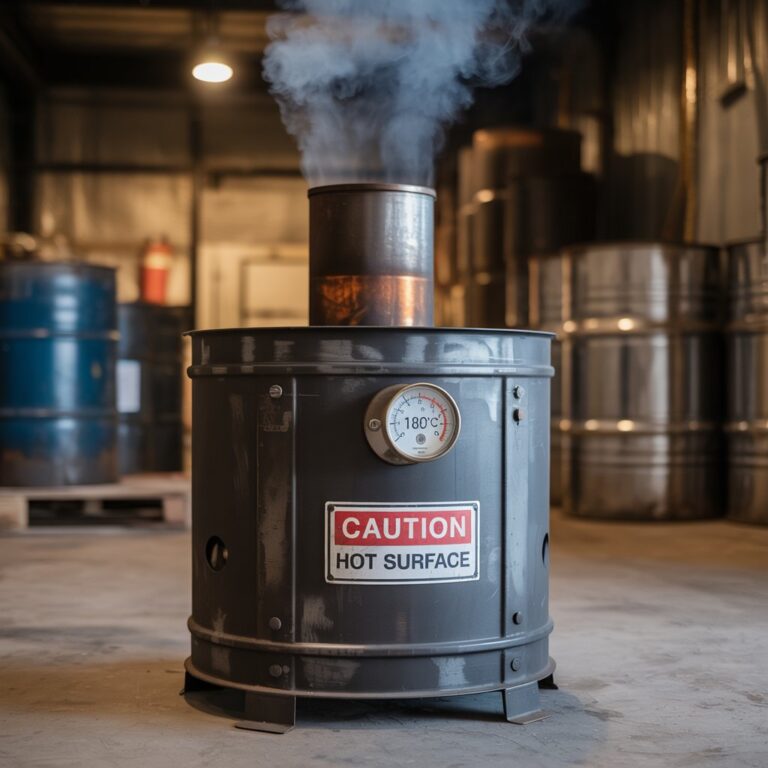 Commercial waste oil heater installed in auto repair shop for winter heating using recycled engine oil