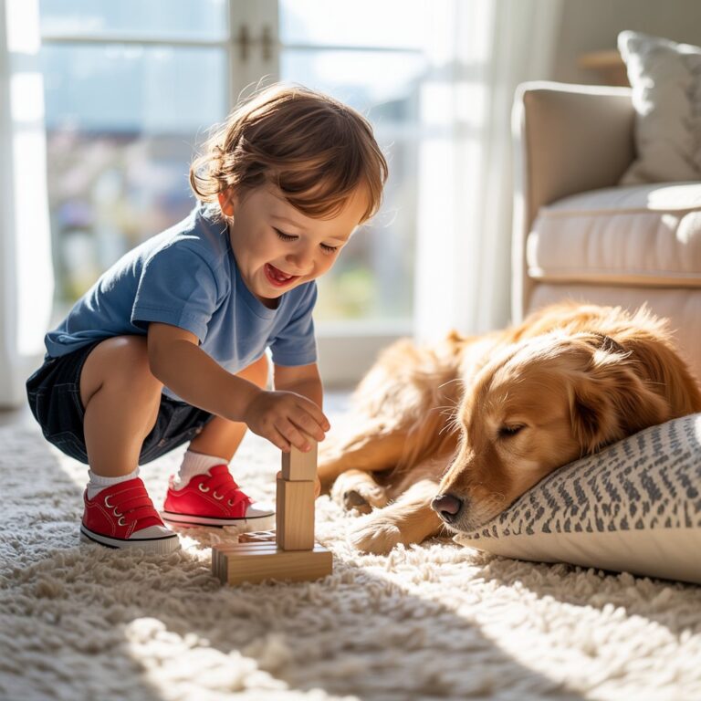 Child and pet on low VOC carpet in modern eco-friendly living room