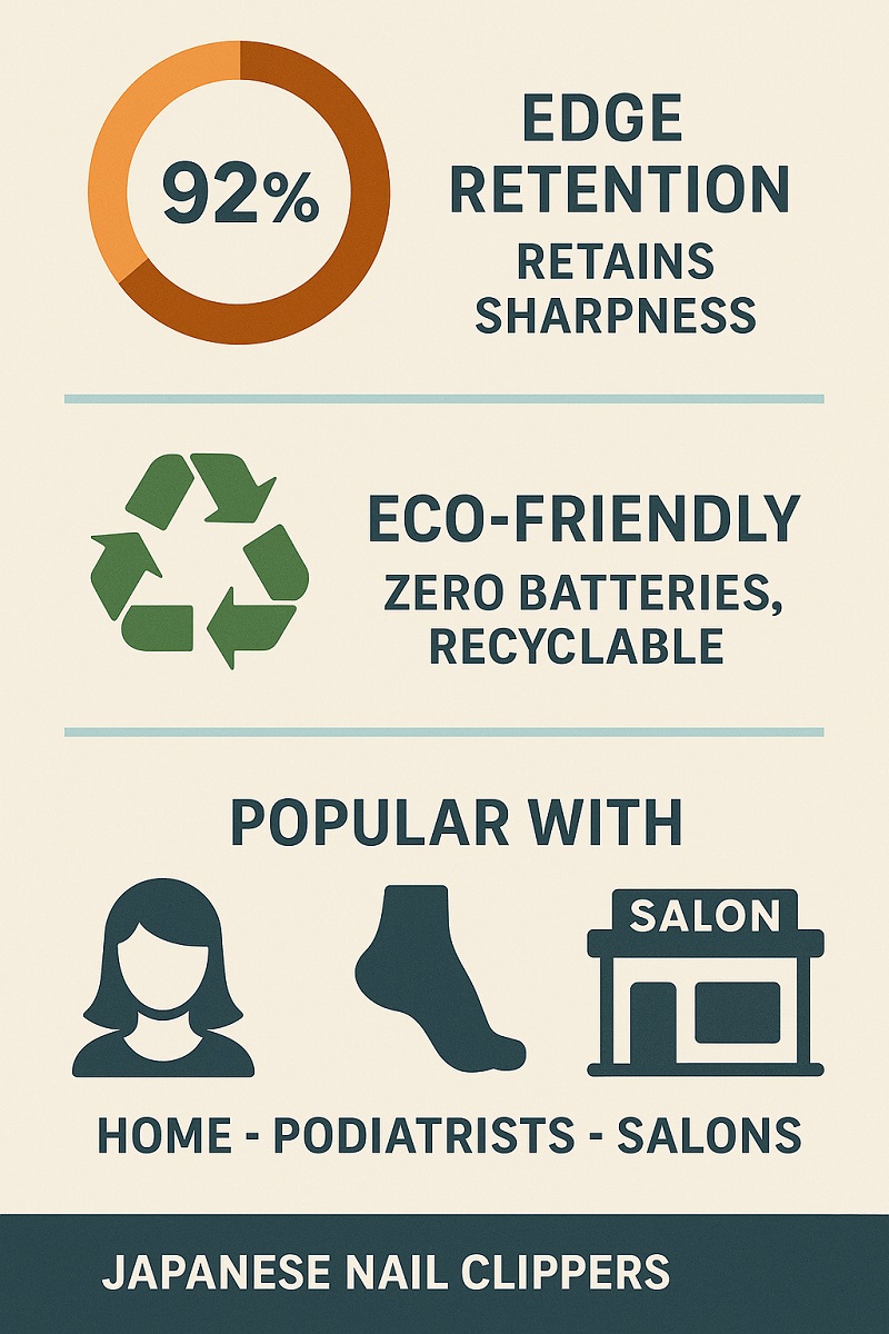 Infographic showing sharpness, eco-friendliness, and popularity of Japanese nail clippers.