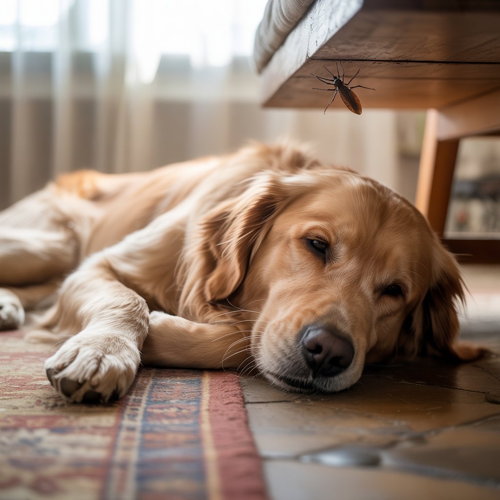 Dog sleeping in the floor where kissing bug lurks, highlighting pet exposure risk.