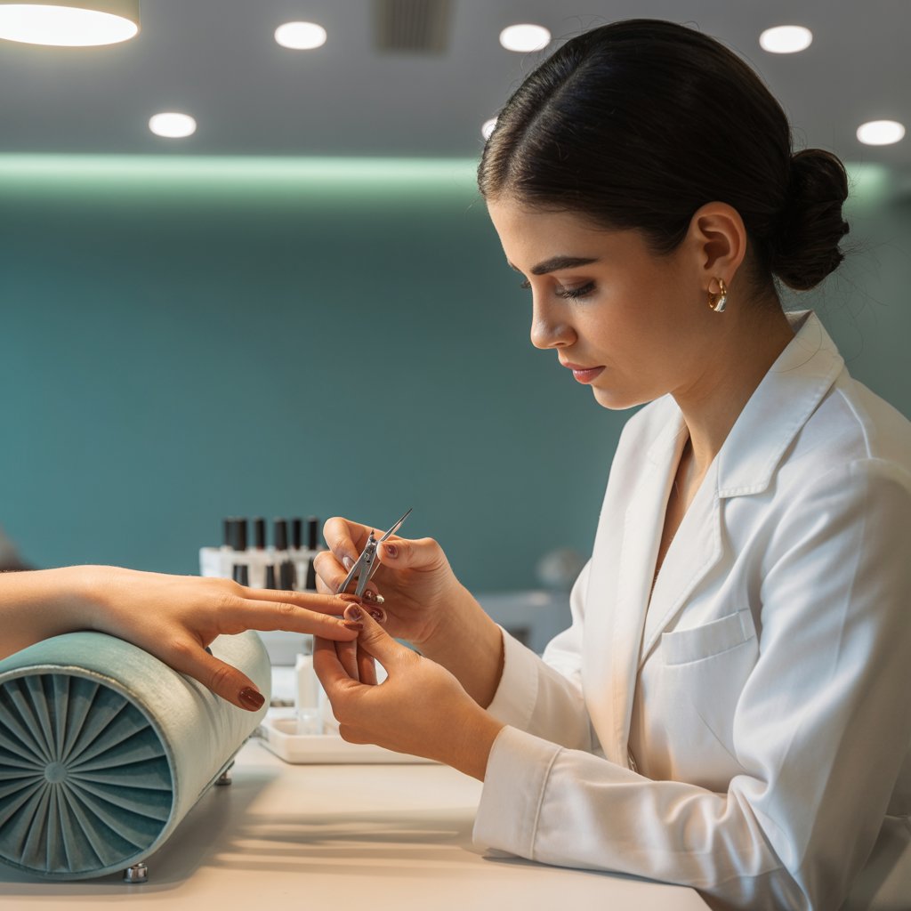 Professional nail technician using Japanese clippers in a modern salon.