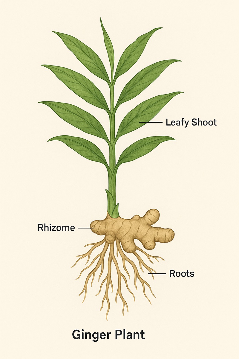 Diagram showing ginger plant anatomy, including rhizomes, roots, and leafy shoots.