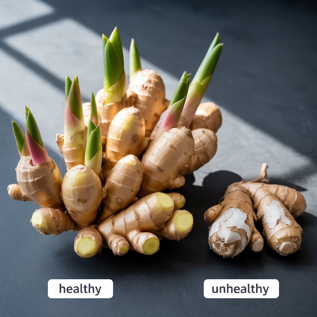Comparison of healthy ginger rhizomes with buds versus unhealthy, shriveled pieces
