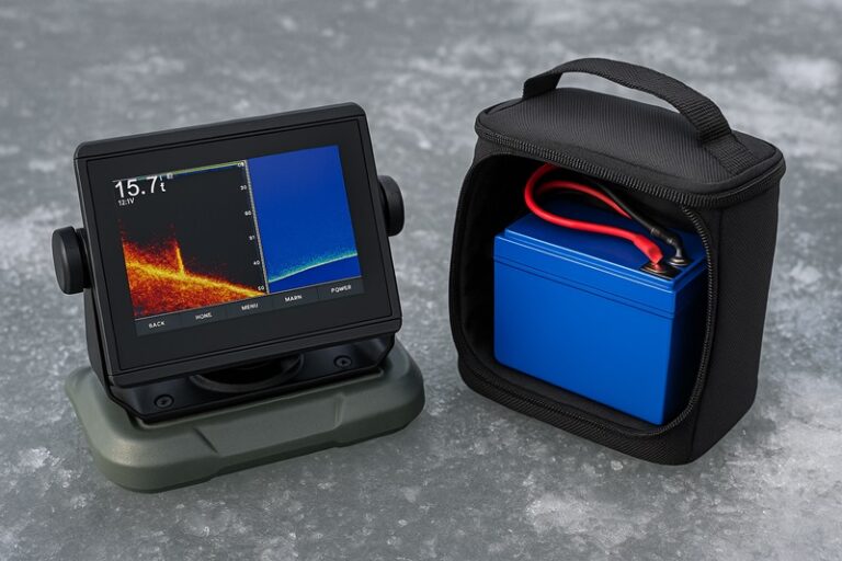 Portable Livescope battery setup in a carry case for kayak or ice fishing.