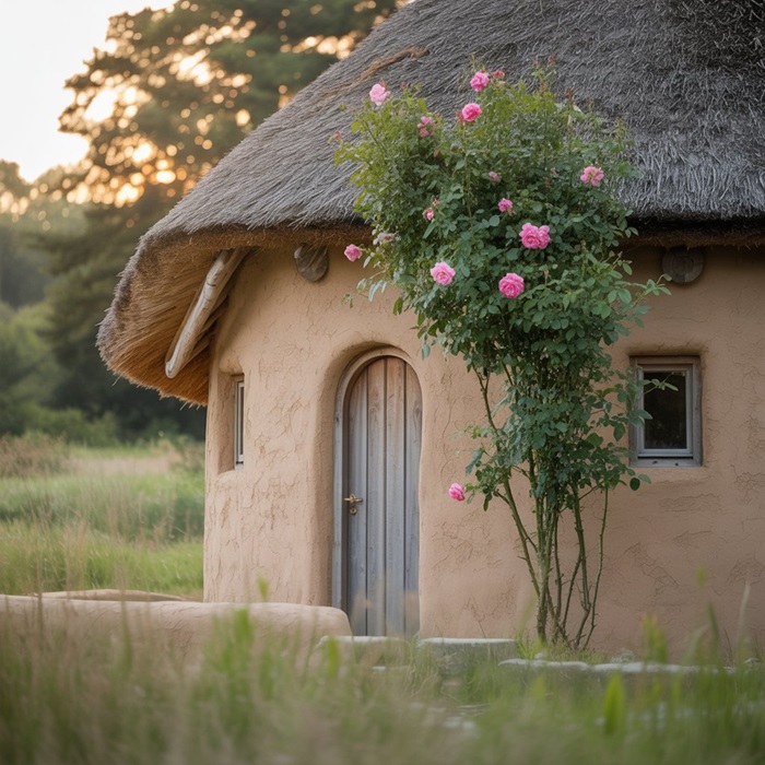 Modern cob house with curved earthen walls and wide roof overhang